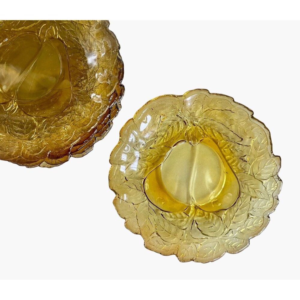 Vintage 70s Tiara Glass Dark Amber Burnt Honey Sweet Pear Saucers plates 4 pcs.